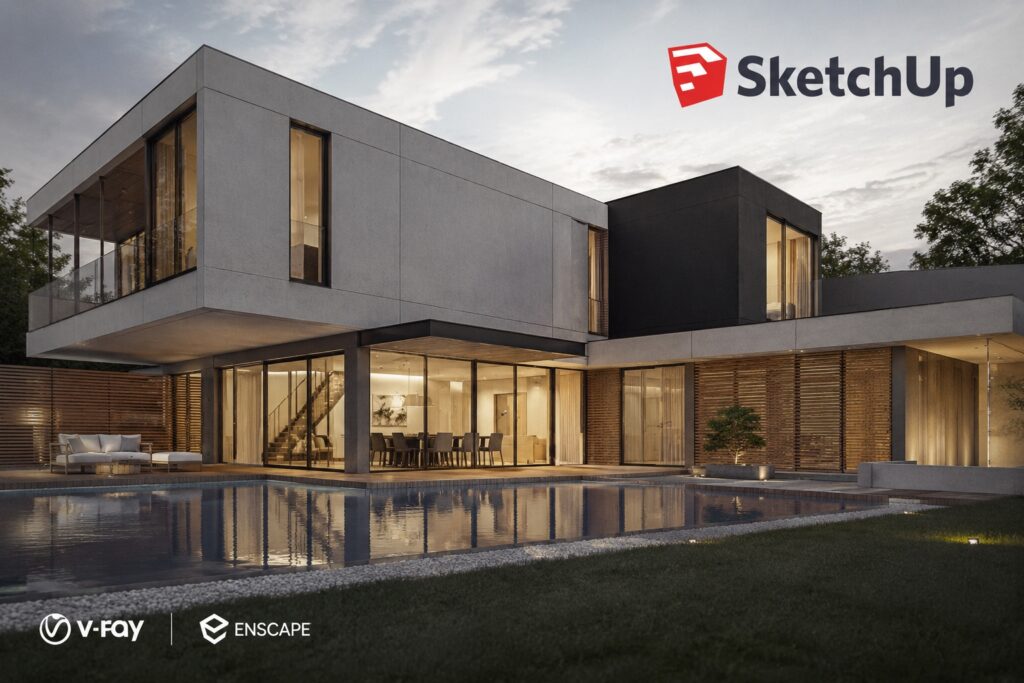 SketchUp 3D modeling of a modern luxury villa with pool and lighting effects.